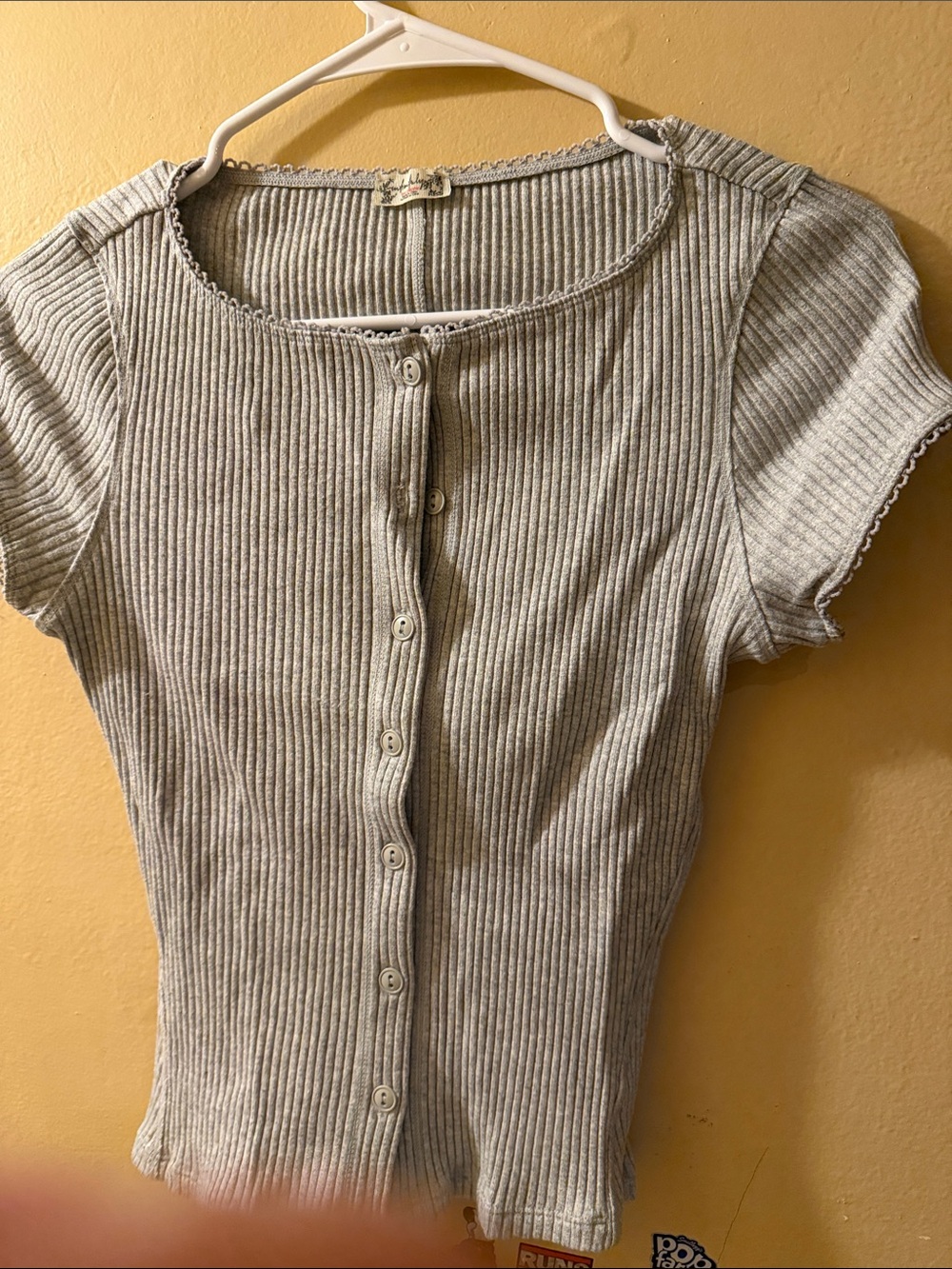 Free People Ribbed Button-Front Short Sleeve Top - Light Gray